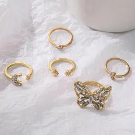 Fashion Crystal Golden Butterfly Finger Ring Set (5 pcs)